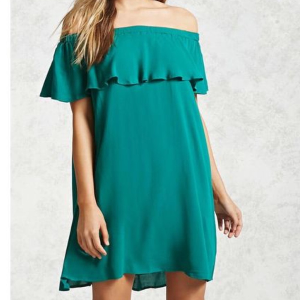 Forever 21 Green Off-The-Shoulder Flounce Dress